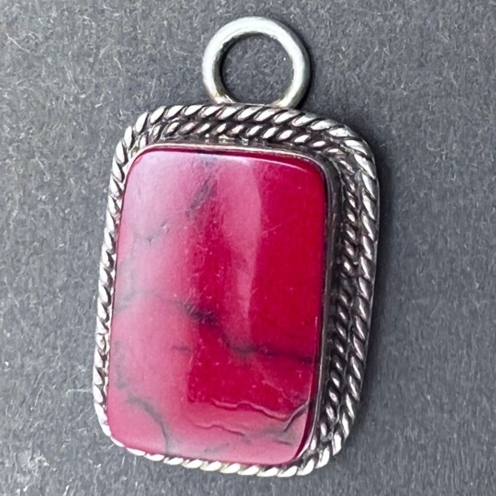 Vtg Mexico‎ 925 Silver Dark Red Stone Pendant Charm Bezel Rope Setting SEE PICT